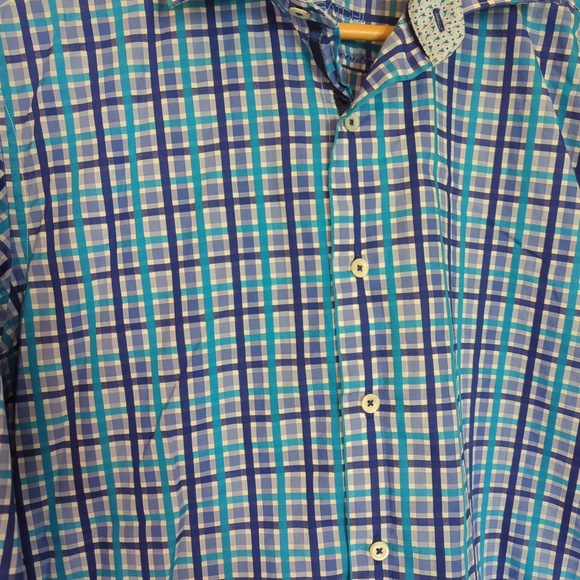 Bugatchi Men’s Blue Plaid Long Sleeve Flip Cuff Button up Shirt - Picture 12 of 14